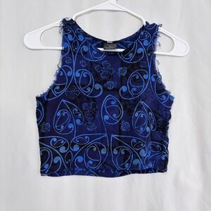 Y2K Blue‎ Planet Cropped Sheer Tank Top Boho Festival Rayon Womens Small
